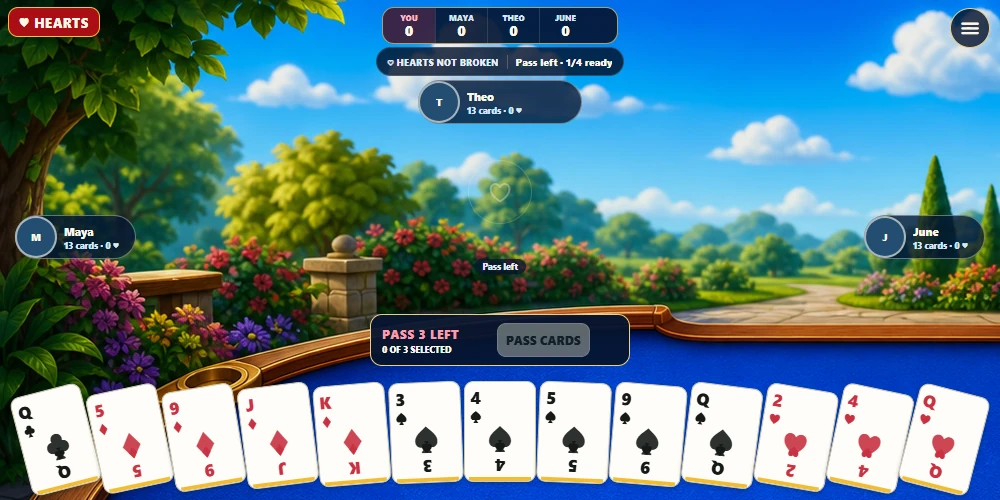 Hearts: Actual Hearts web render from unchanged mobile-app source; local bot table